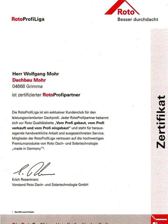 Zertifikat: RotoProfiPartner für Dachbau Mohr